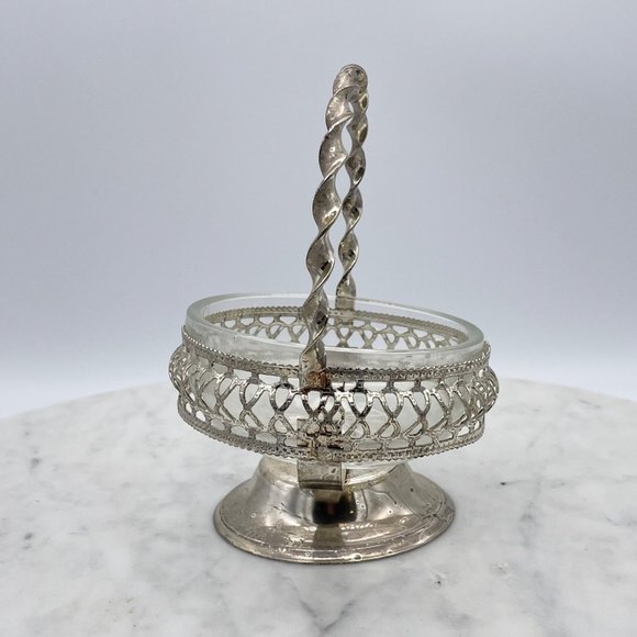 Hand Blown Candy Dish Silver Plate Glass Bowl Nut Rose Basket Twisted Handle - Picture 2 of 7